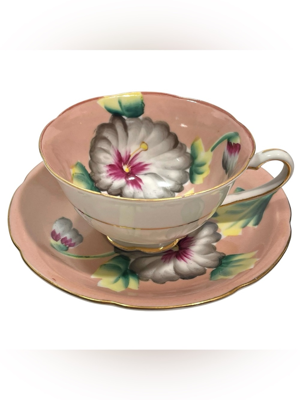 Vintage 1940s Pink Floral Tea Set Trimont China Hand Painted Teacup & Saucer